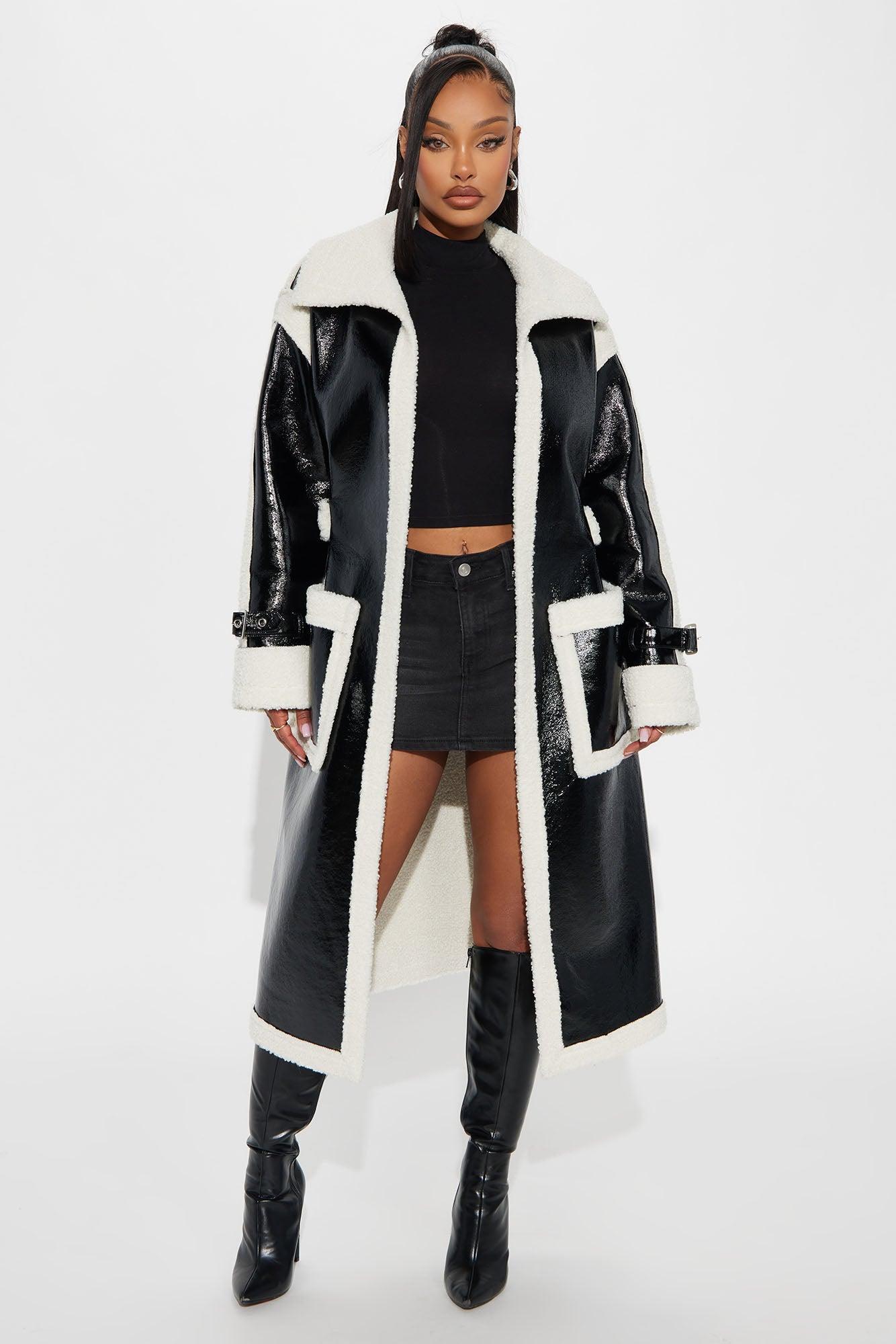 Bad Ideas Shearling Trench Coat - Black Product Image