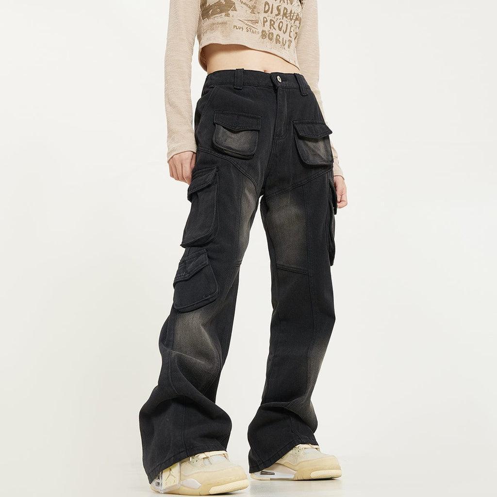 RTK (W) No. 1027 WASHED BLACK MULTI POCKET WIDE DRAPE JEANS Product Image