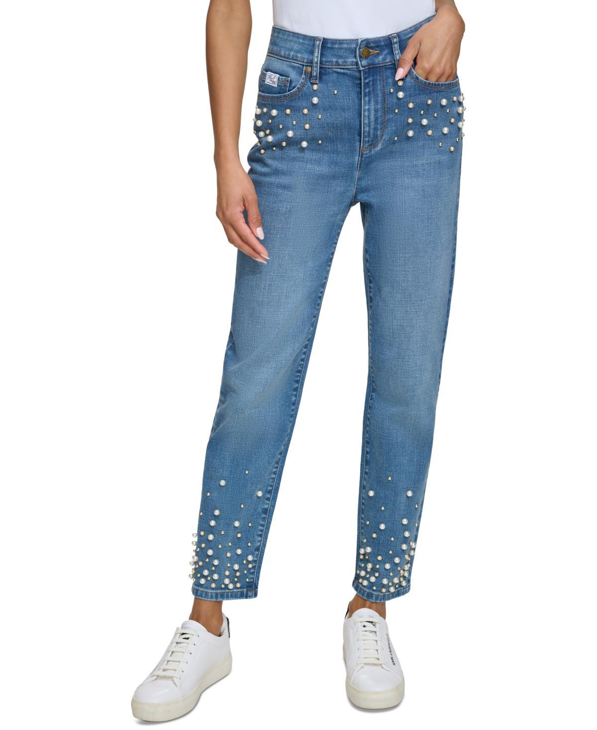 Karl Lagerfeld Paris Women's Faux Pearl Embellished Cropped Jeans - Coastal Blue - Size 2  - female - Size: 2 Product Image