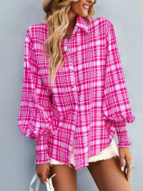 Long Sleeves Loose Buttoned Contrast Color Elasticity Plaid Lapel Blouses&Shirts Tops Product Image