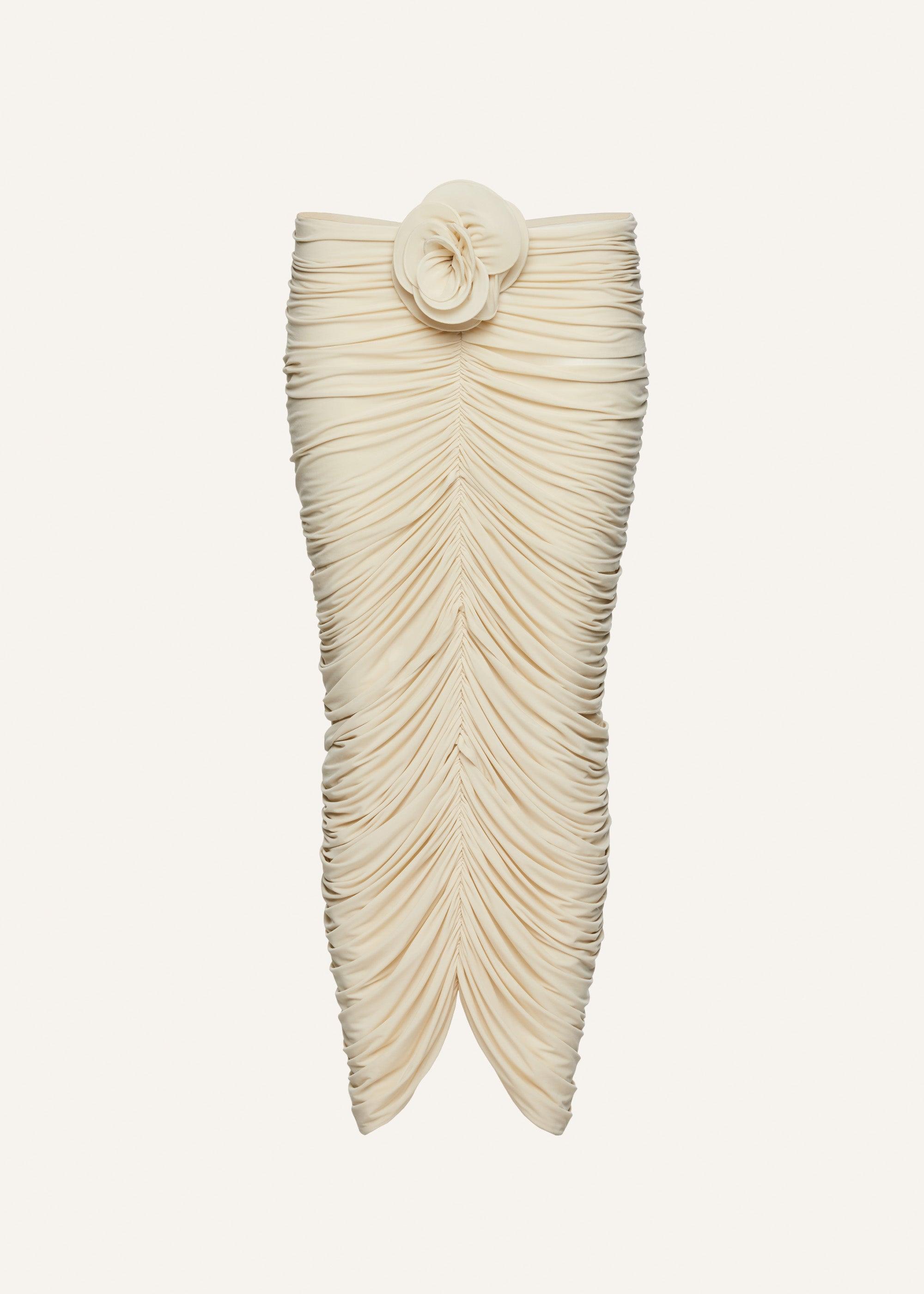 Ruched rose appliqué midi skirt in beige Product Image