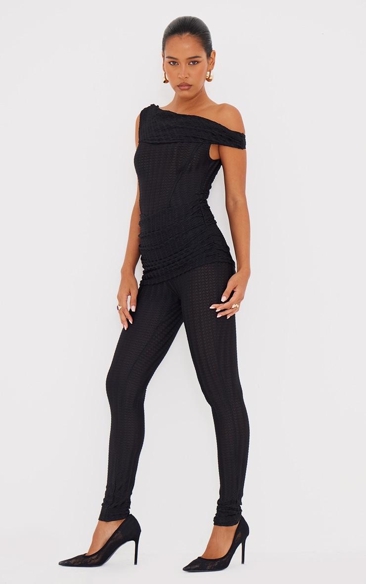 Black Textured Asymmetric Corset Detail Jumpsuit Product Image