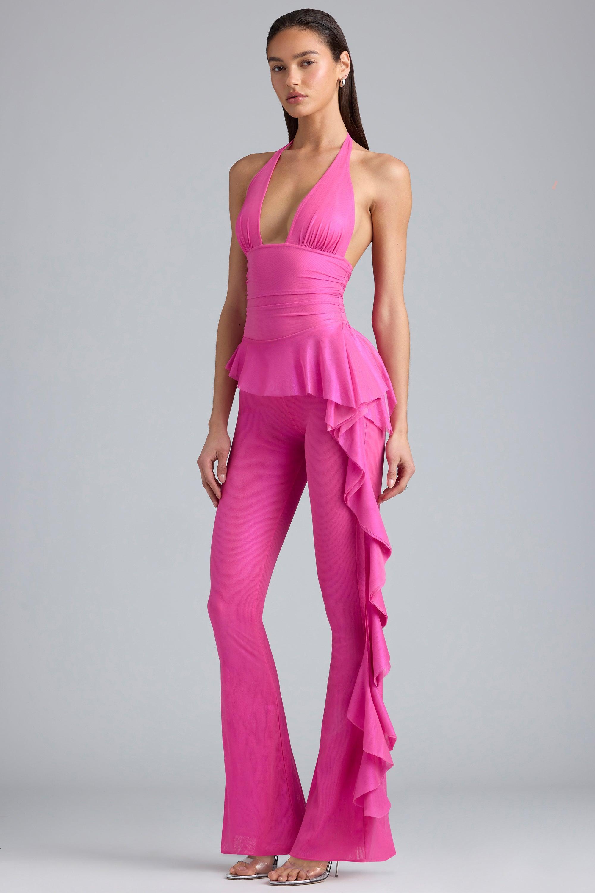 Metallic Ruffle Low-Rise Flared Trousers in Bubblegum Pink Product Image