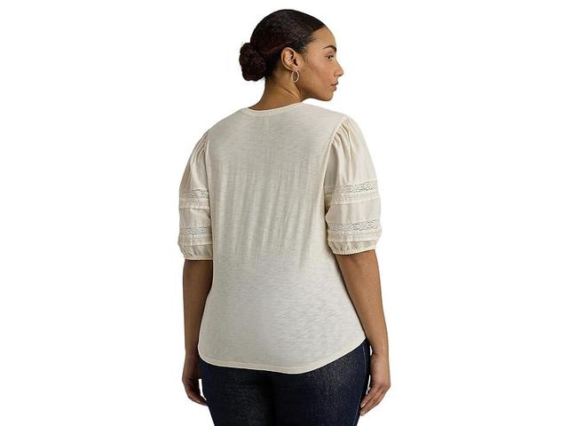 Lauren Ralph Lauren Plus-Size Lace-Trim Jersey Puff-Sleeve Henley Tee (Mascarpone Cream) Women's Clothing Product Image