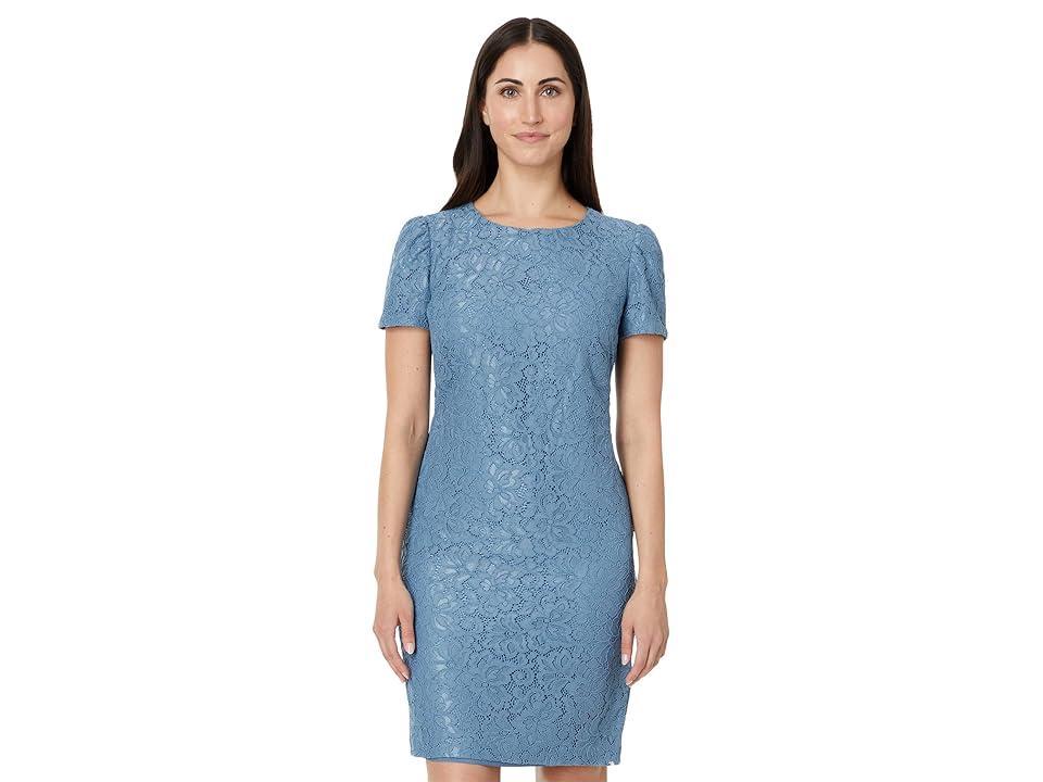 Lauren Ralph Lauren Lace Puff-Sleeve Cocktail Dress (Pale Azure) Women's Dress Product Image