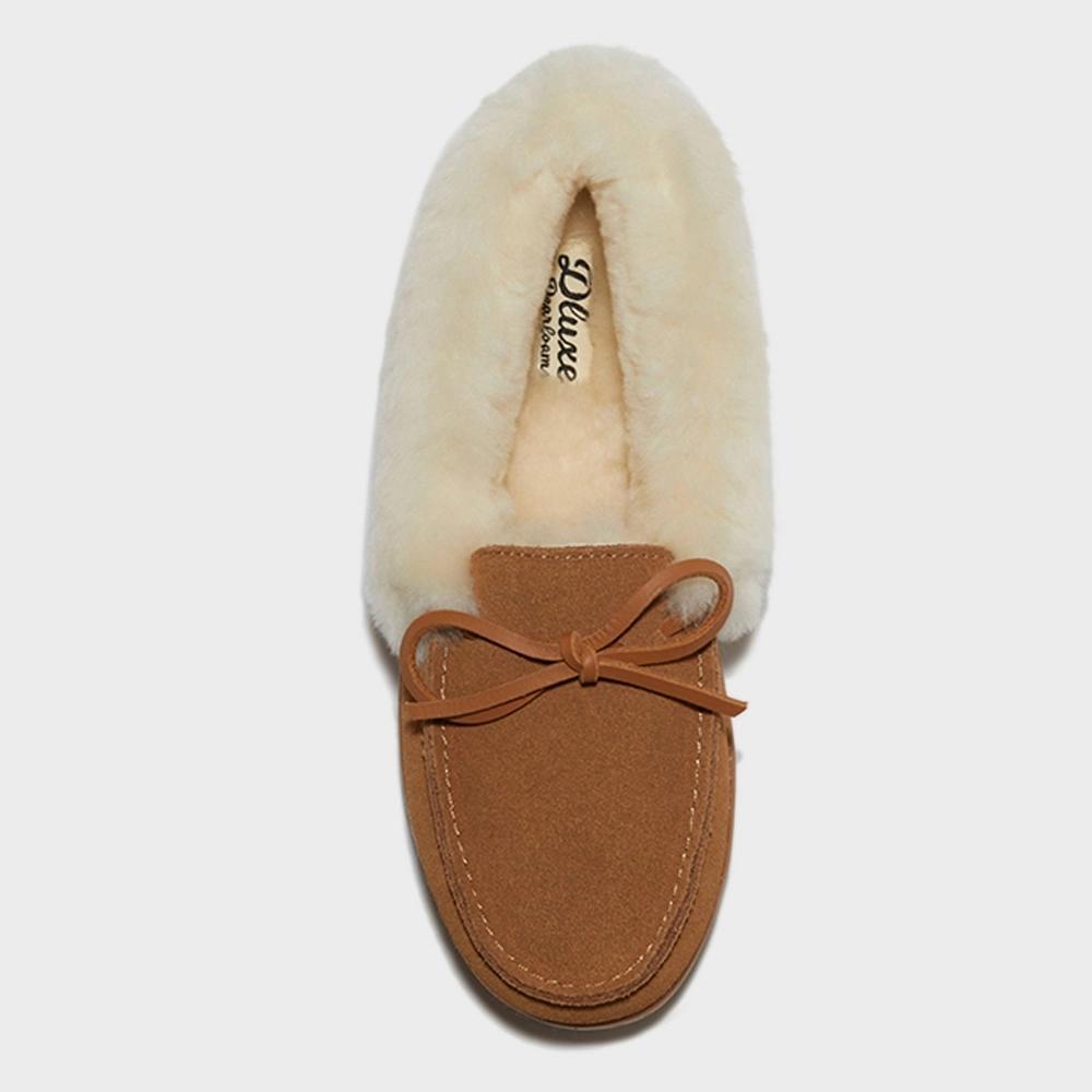 dluxe by dearfoams Women's Shearling Moc with Fur Casing Slippers - Chestnut 6 Product Image