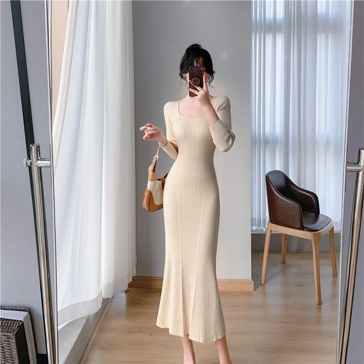 Long-Sleeve Square Neck Plain Ribbed Midi Mermaid Knit Dress Product Image