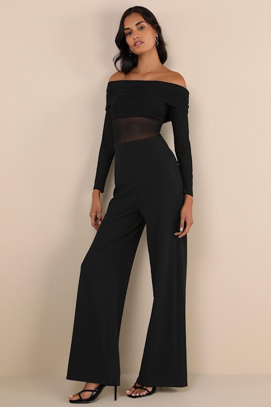 Sultry Statement Black Mesh Ruched Off-the-Shoulder Jumpsuit Product Image