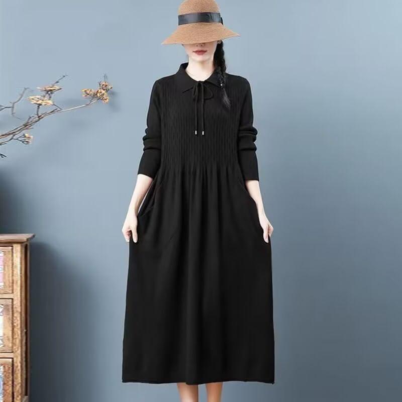 Long-Sleeve Collared Knit Midi A-Line Dress Product Image