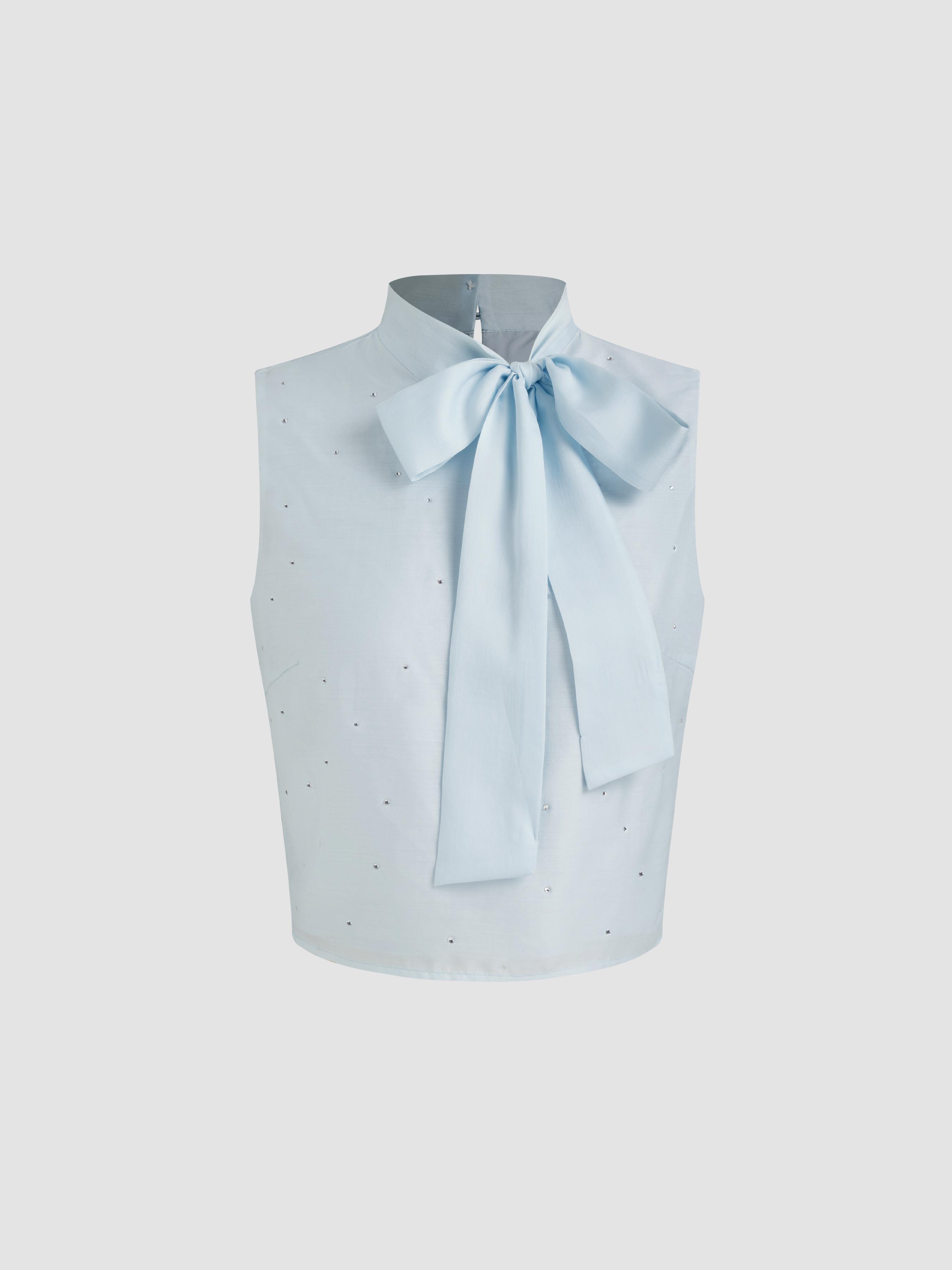 Chiffon High Neck Solid Rhinestone Bowknot Top Product Image