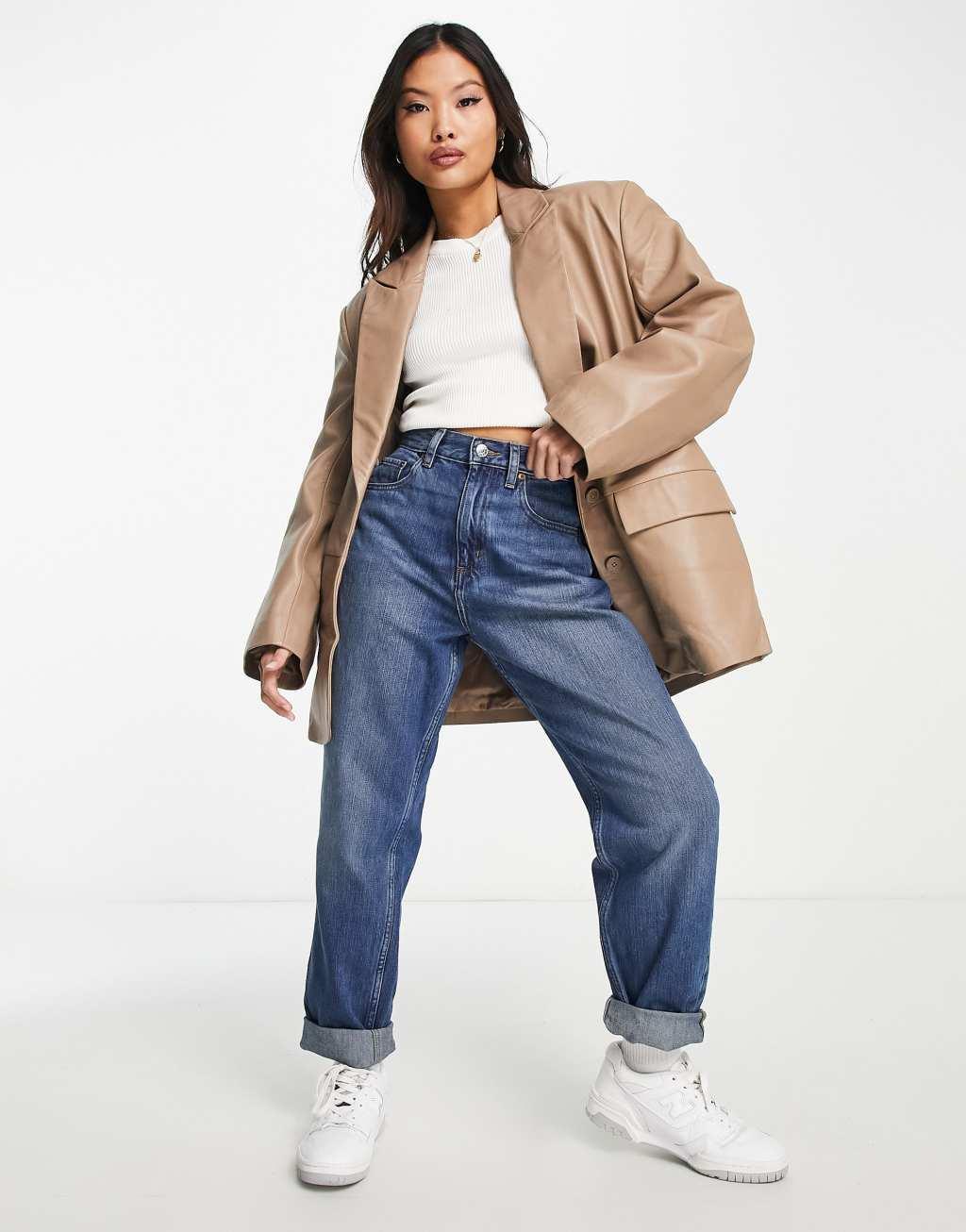 ASOS DESIGN Petite slouchy mom jeans in mid blue  Product Image