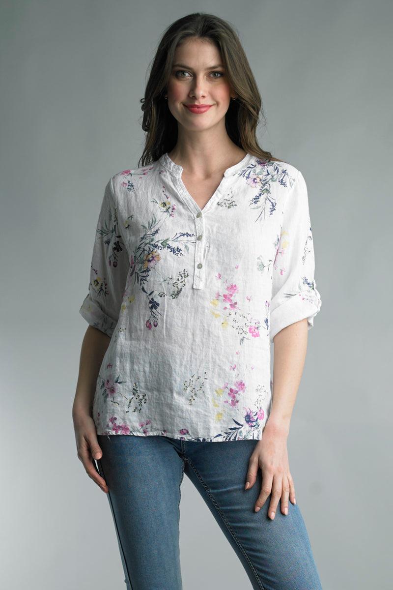 White Floral Linen Top Product Image