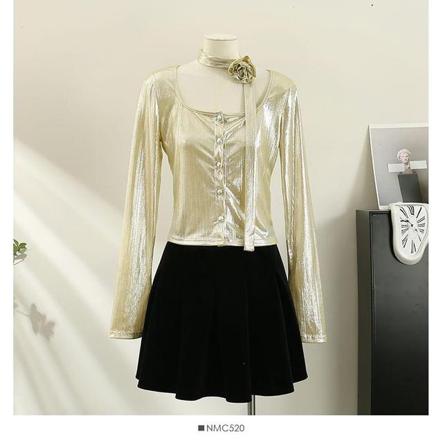 Metallic Button-Up Crop T-Shirt with Sash Product Image