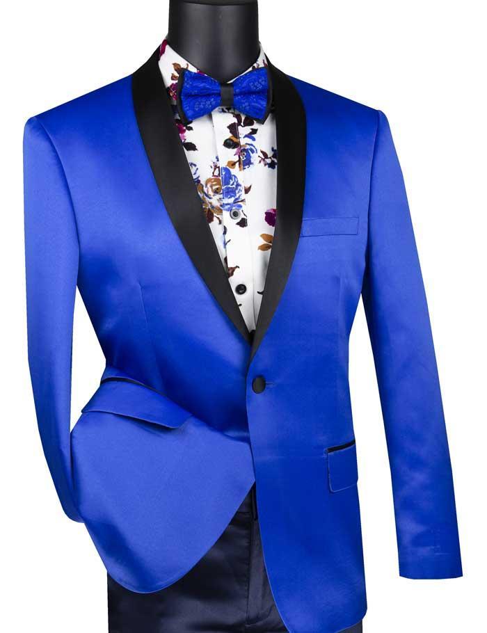 Royal Blue Slim Fit Blazer Stretch Sateen 1 Button With Narrow Shawl Lapel Product Image