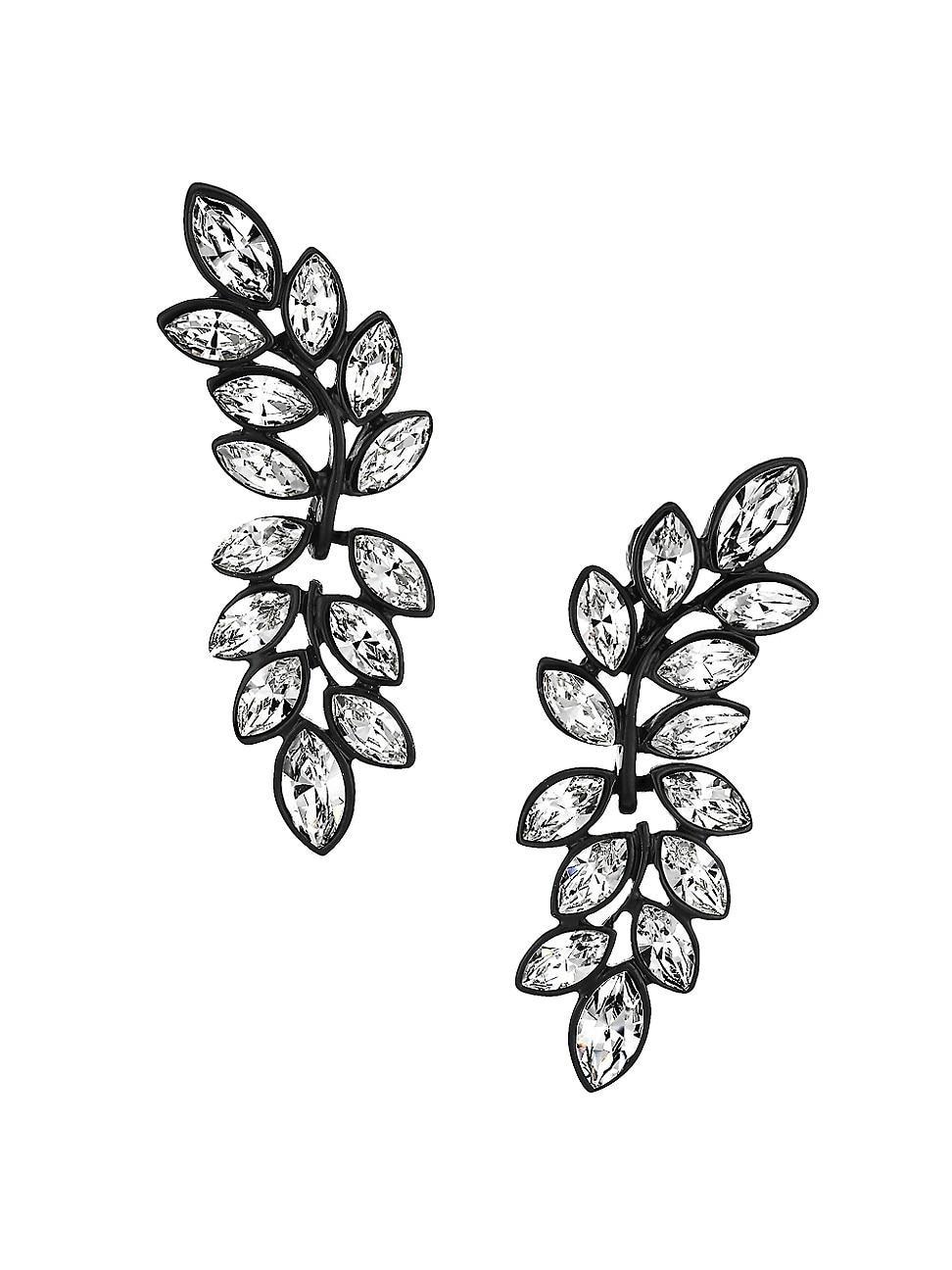 Womens Black Enamel & Crystal Leaf Drop Earrings Product Image