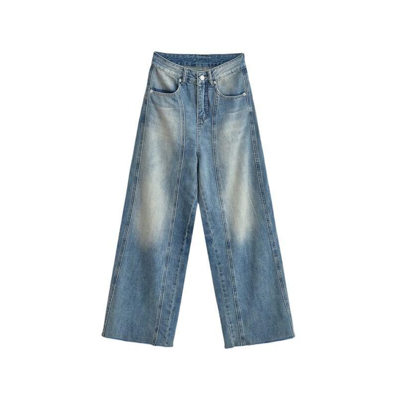 Mid Rise Washed Panel Wide Leg Jeans Product Image