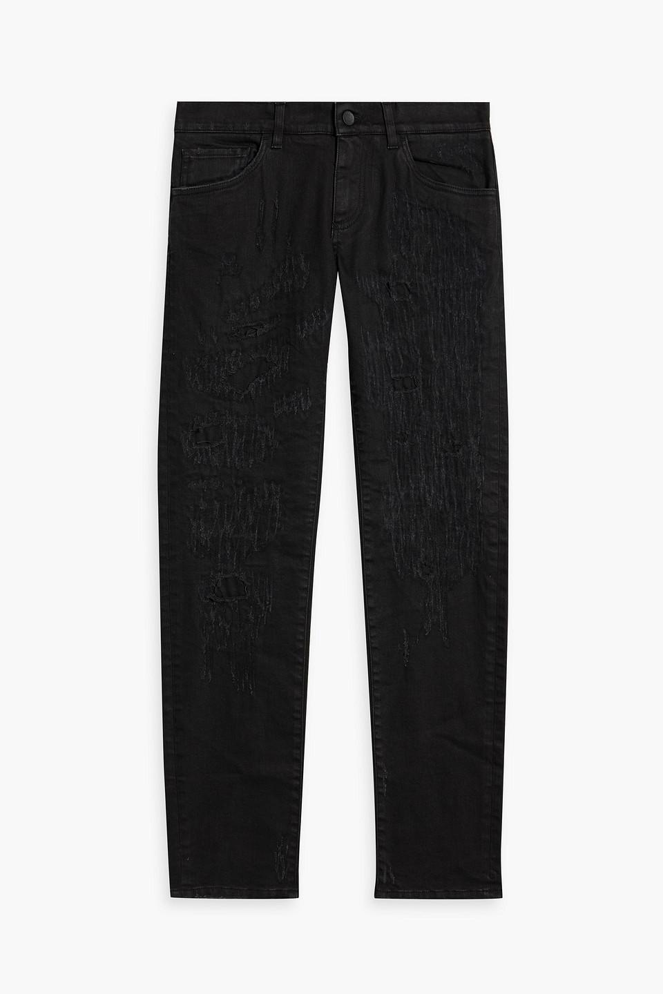 Slim-fit Embroidered Distressed Denim Jeans In Charcoal Product Image