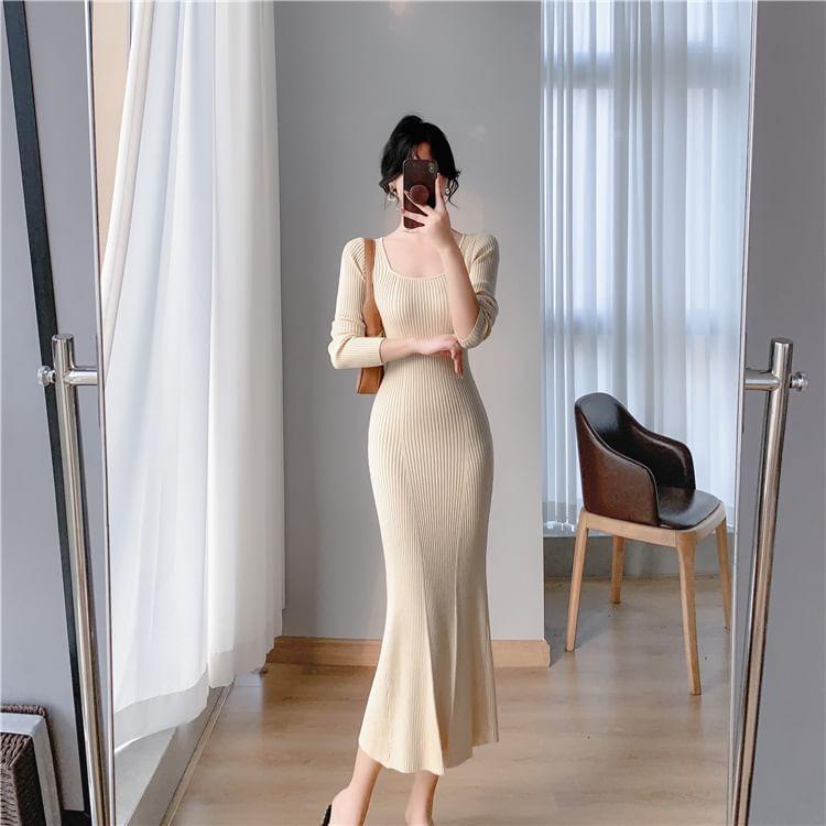 Long-Sleeve Square Neck Plain Ribbed Midi Mermaid Knit Dress Product Image