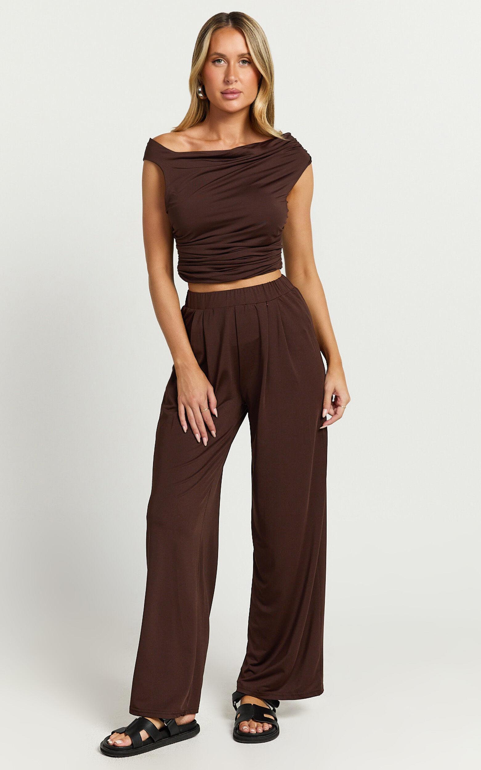 Leila Two Piece Set - Off Shoulder Top and High Waist Wide Leg Pants Set in Chocolate Product Image