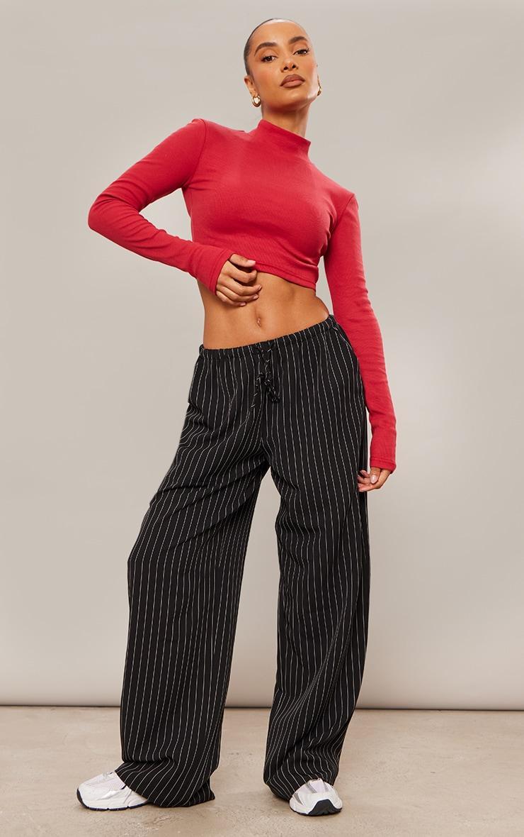 Red Ribbed Basic High Neck Long Sleeve Crop Top Product Image