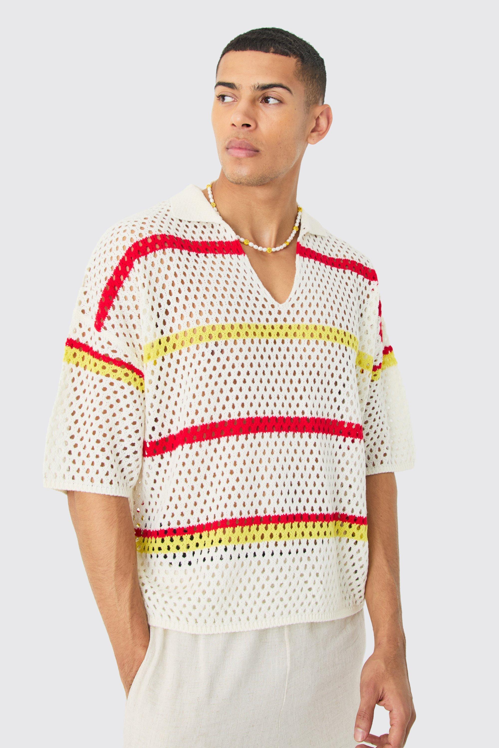 Oversized Boxy Crochet Stripe Polo In Ecru | boohooMAN USA Product Image