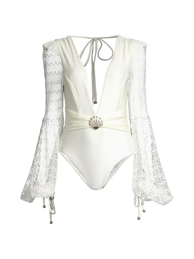 Womens Lace Long-Sleeve One-Piece Swimsuit Product Image