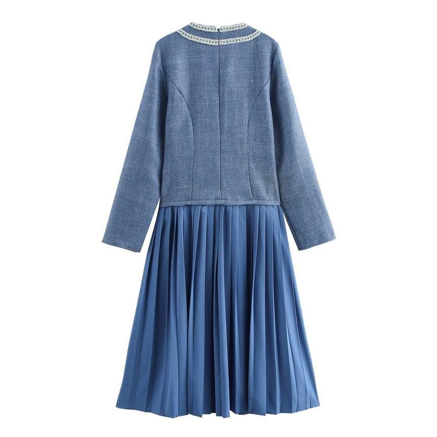 Mock Two-Piece Long-Sleeve Round Neck Tweed Panel Accordion Pleated Midi A-Line Dress Product Image