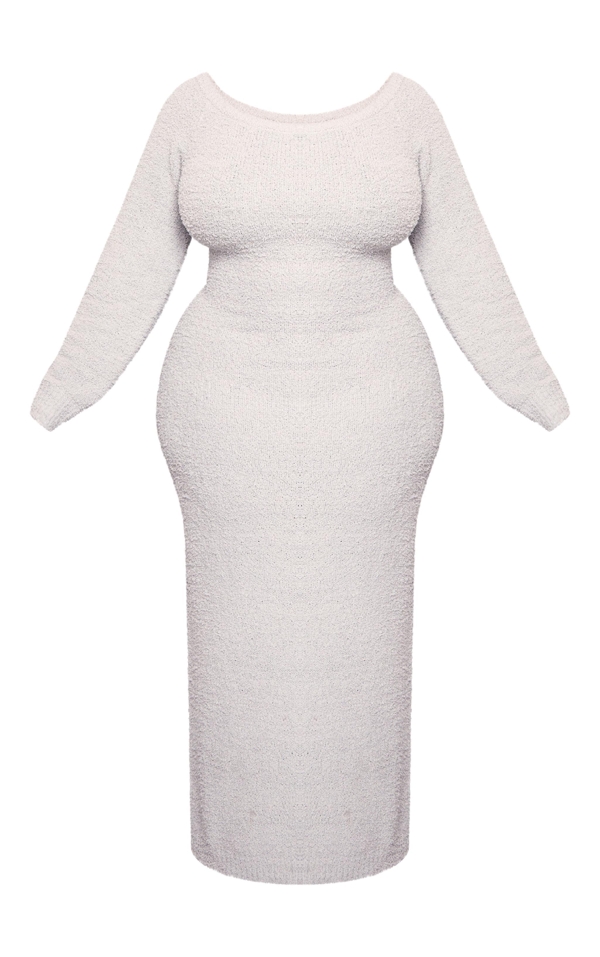 Plus Grey Teddy Knit Off Shoulder Maxi Dress Product Image