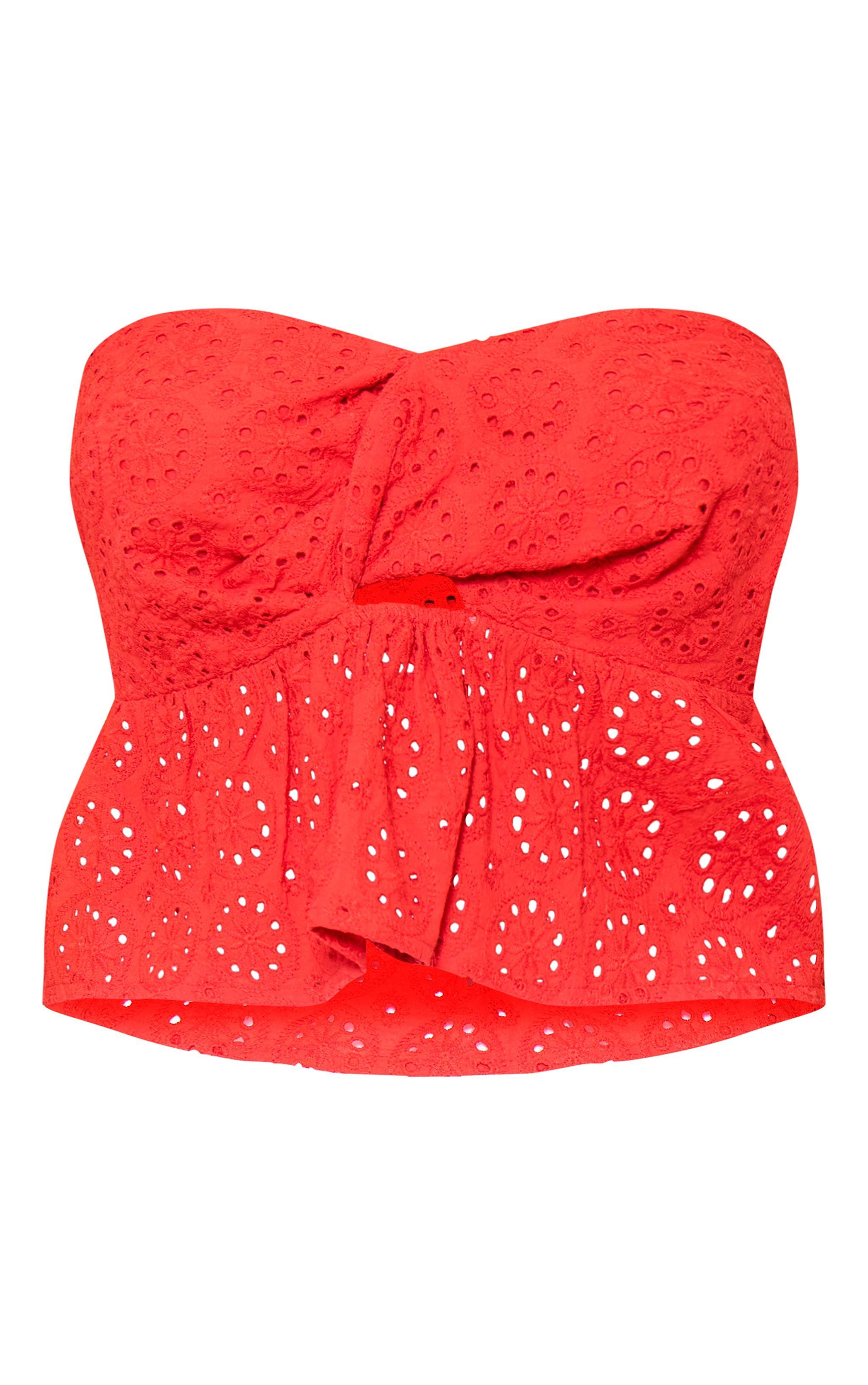 Petite Red Broderie Twist Front Crop Top Product Image