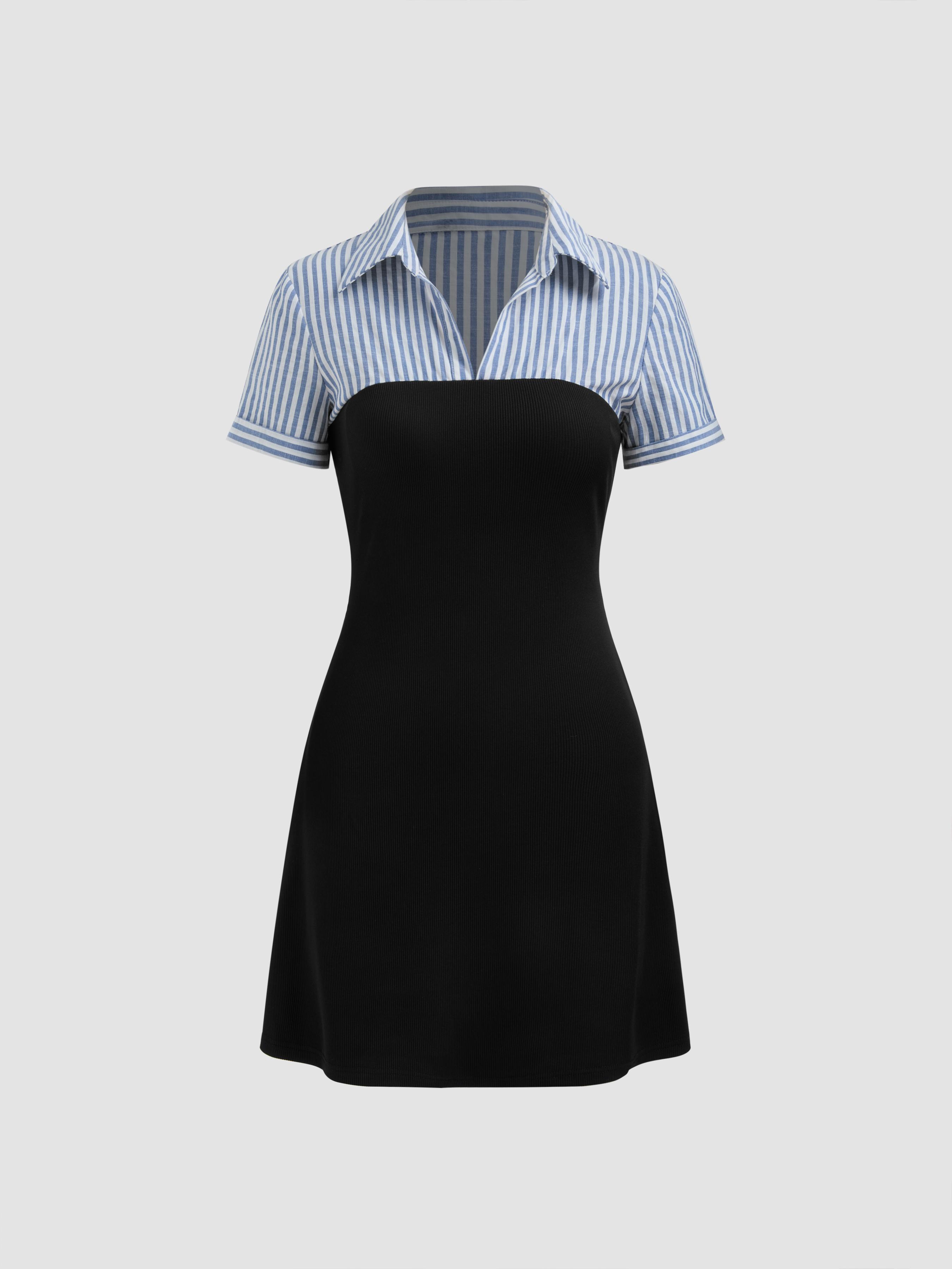 Cotton-blend Collar Striped Short Sleeve Mini Dress Product Image