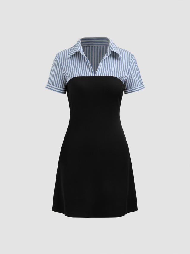 Cotton-blend Collar Striped Short Sleeve Mini Dress Product Image