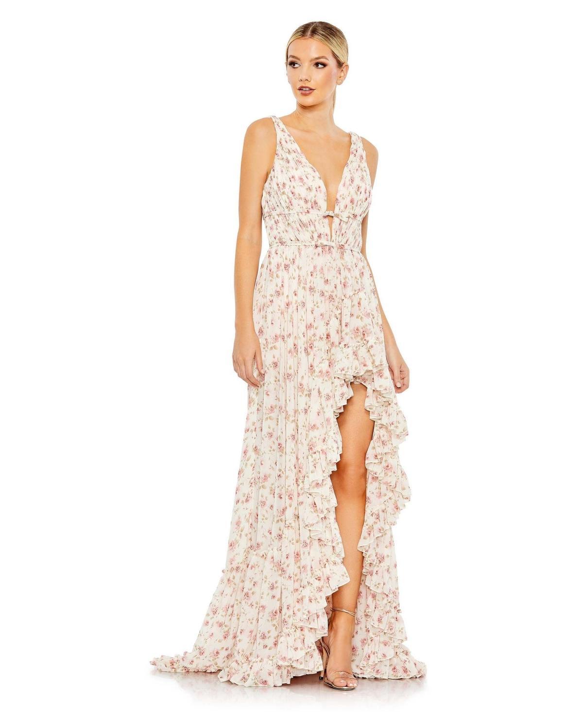 Womens Floral V-Neck Ruffled Gown Product Image