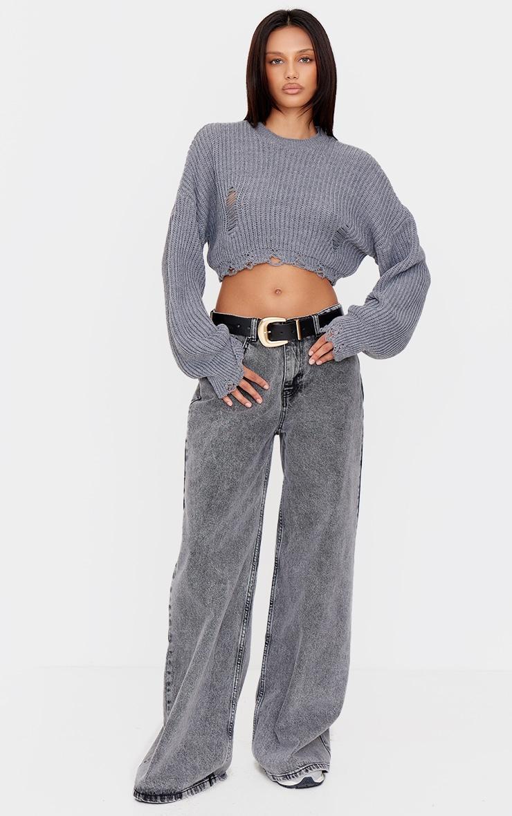 Charcoal Chunky Knit Distressed Hem Crop Sweater Product Image