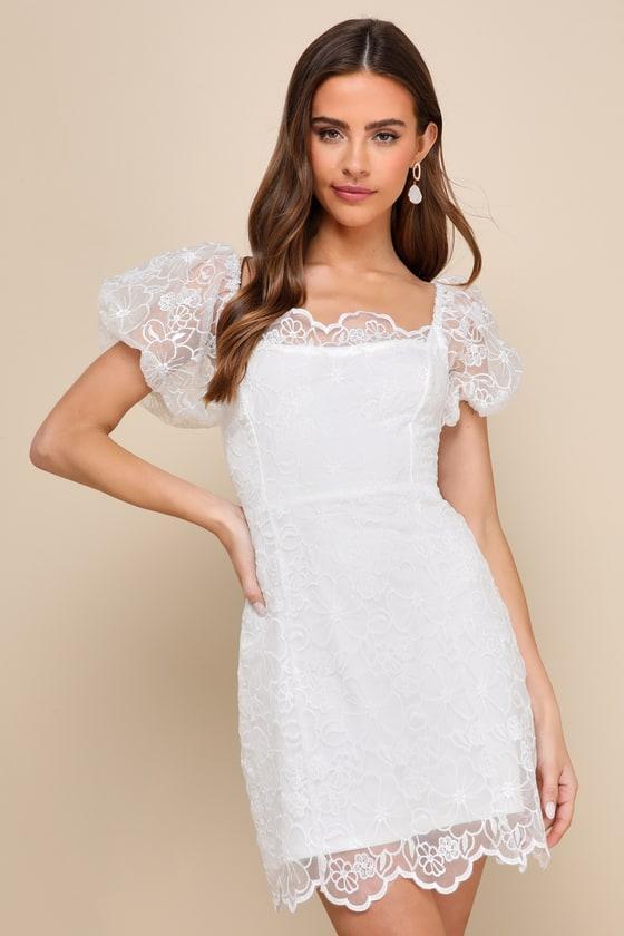 Lovely Direction White Floral Embroidered Puff Sleeve Mini Dress Product Image