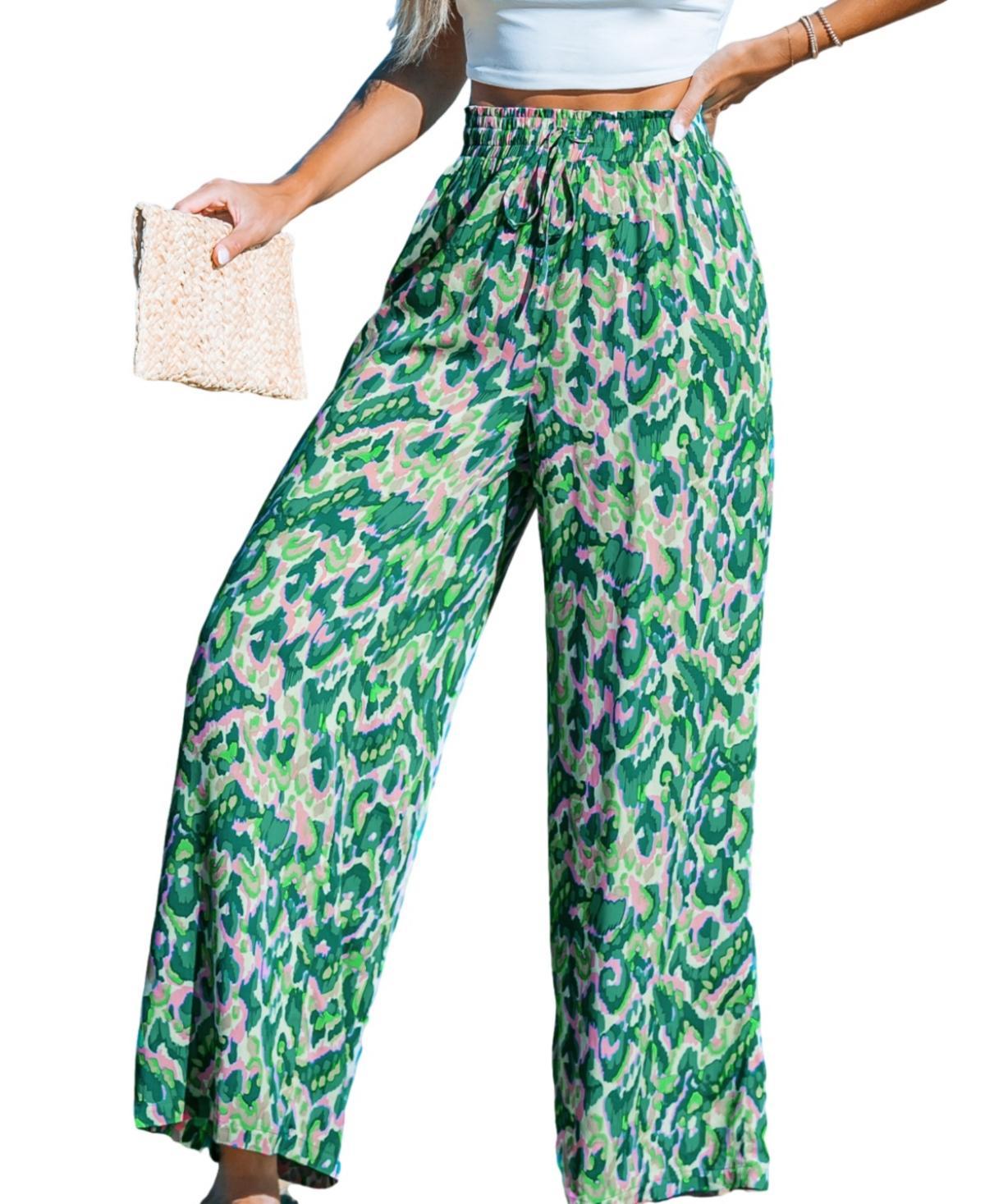 Cupshe Womens Green and Pink Abstract Wide Leg Pants Product Image