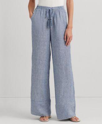 Lauren Ralph Lauren Womens Linen Striped Wide-Leg Pants - Blue Product Image