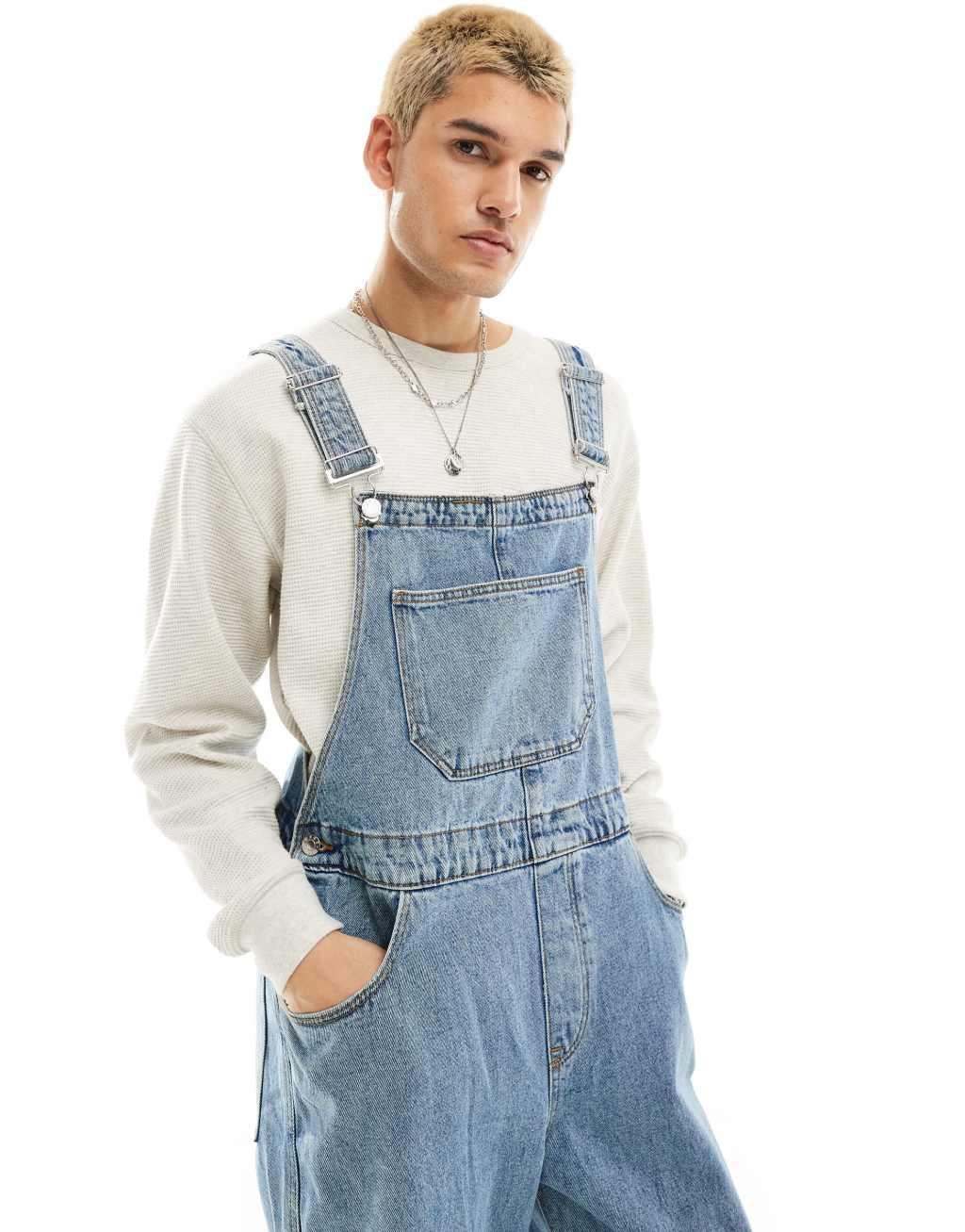 ASOS DESIGN denim overalls in mid wash blue Product Image