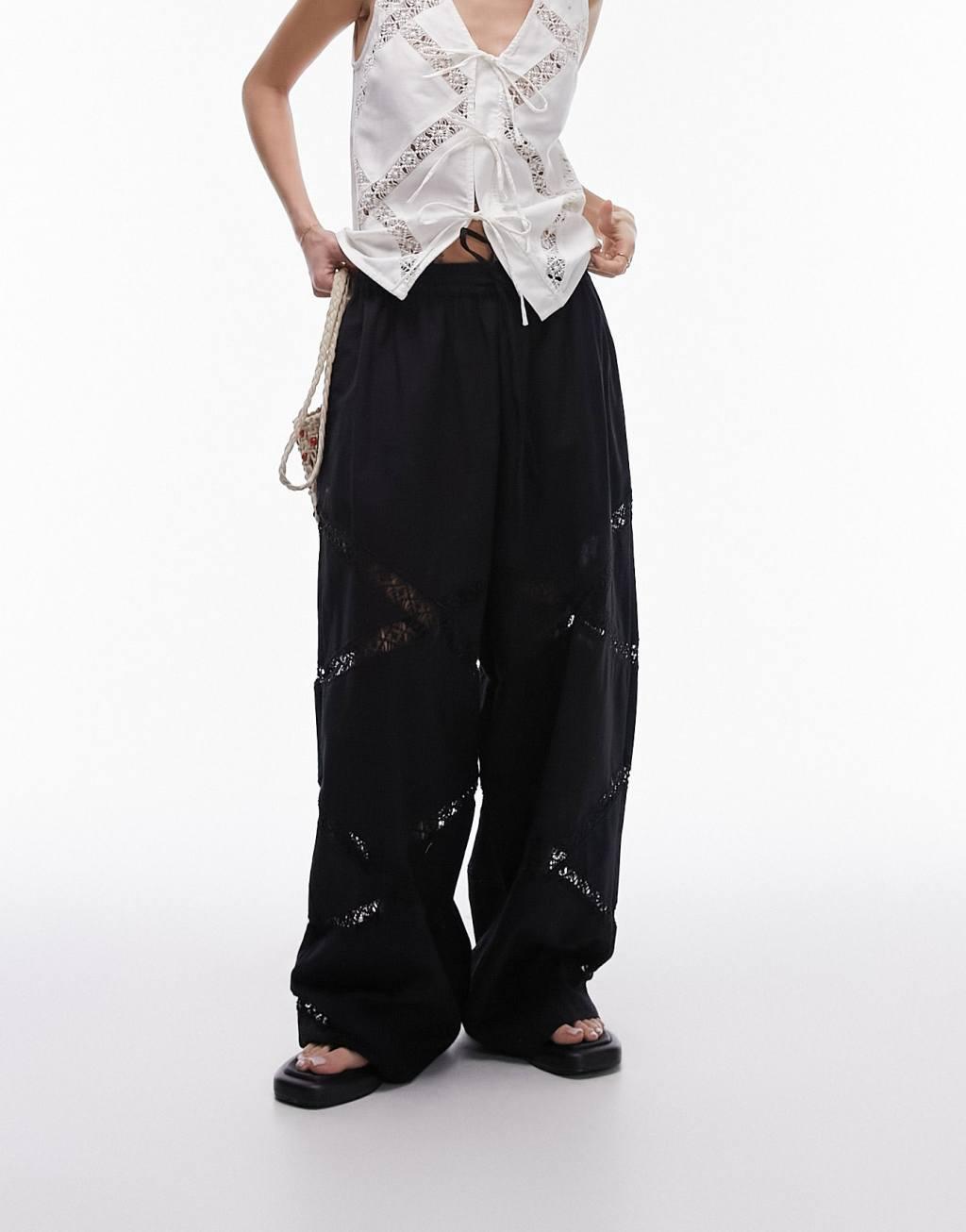 Topshop linen lace insert elasticated wide leg pants in black Product Image