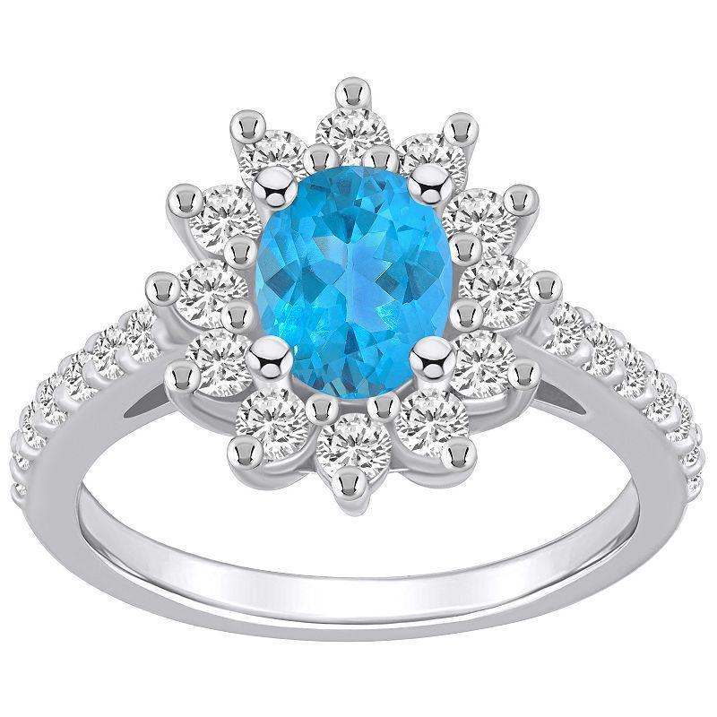 Alyson Layne 14k White Gold Oval Cut Blue Topaz & 7/8 Carat T.W. Diamond Halo Ring, Womens Product Image