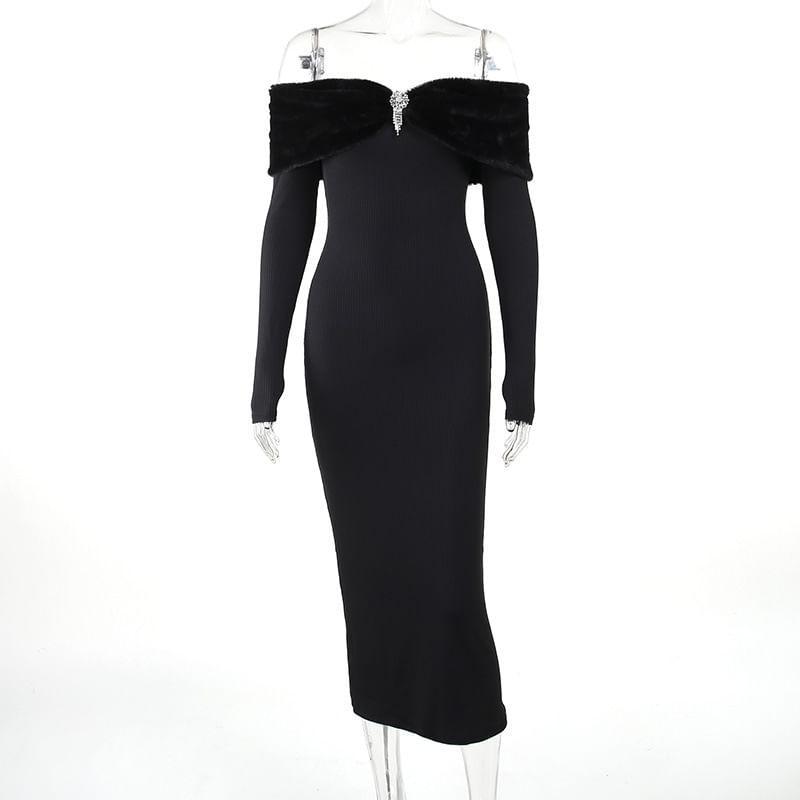 Long-Sleeve Off Shoulder Plain Maxi Sheath Dress Product Image