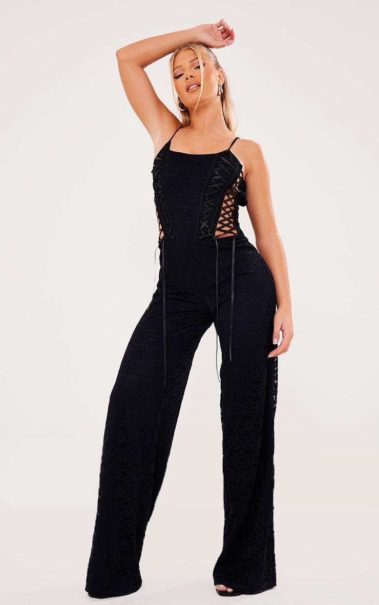 Black Lace Lace Up Strappy Jumpsuit Product Image