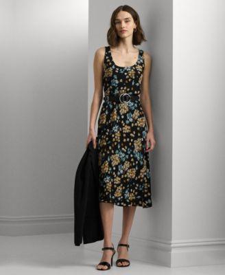 Women's Floral Belted Crepe Sleeveless Dress Product Image