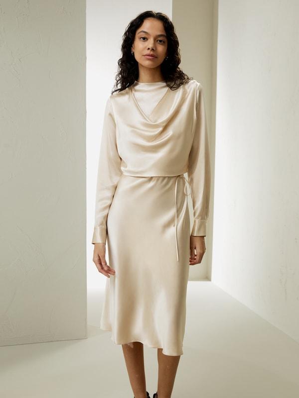 Mock Neck Silk Midi Dress Product Image