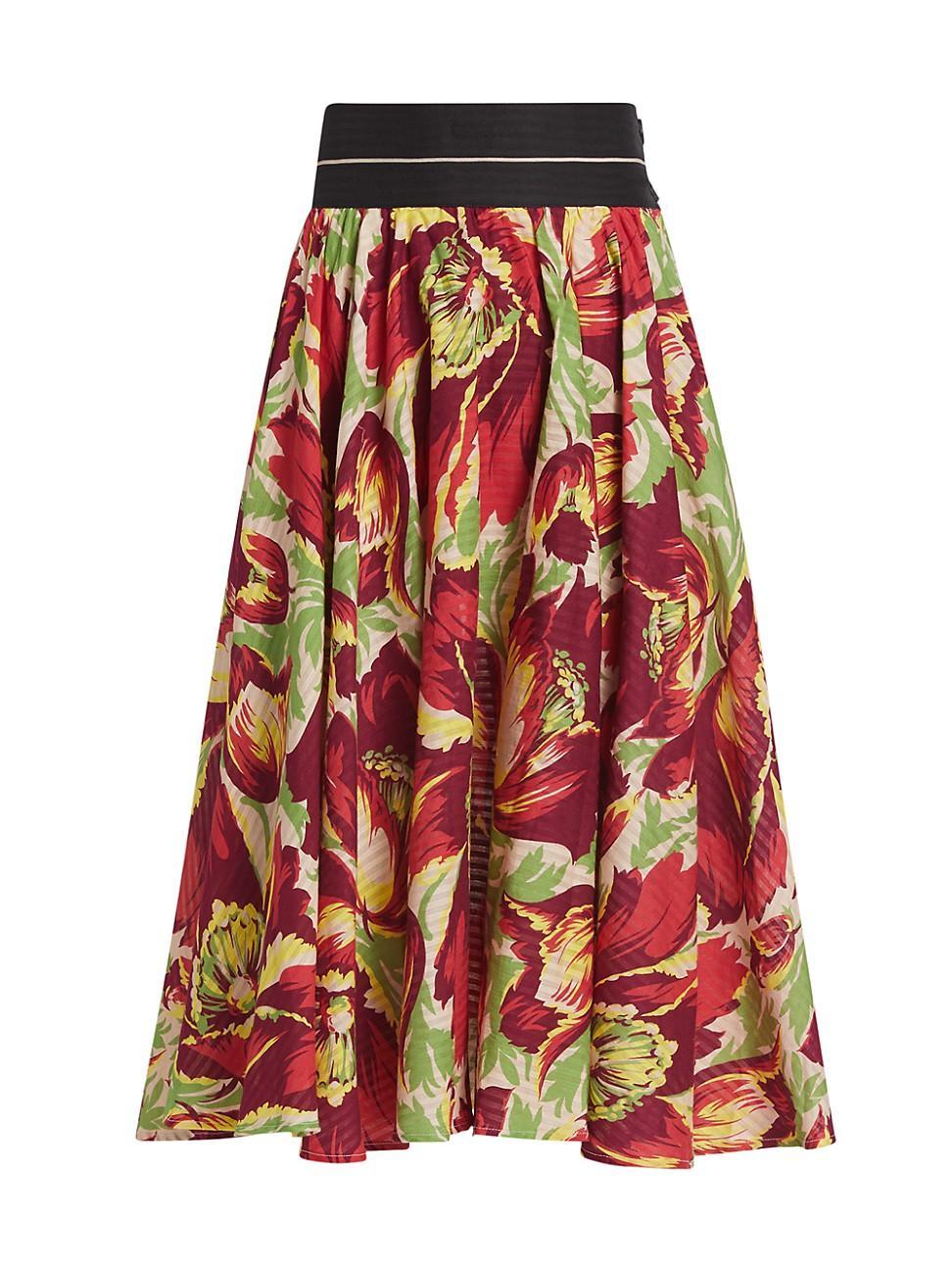 Womens Hibiscus Striped Cotton Midi-Skirt Product Image