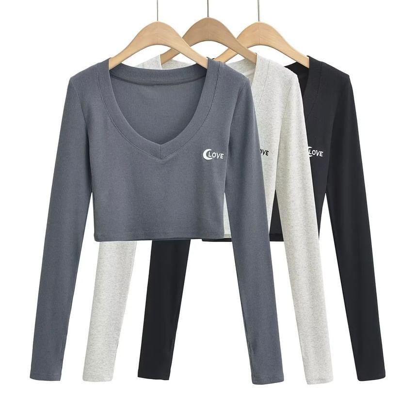 Long-Sleeve V-Neck Letter Embroidered Cropped Tee Product Image