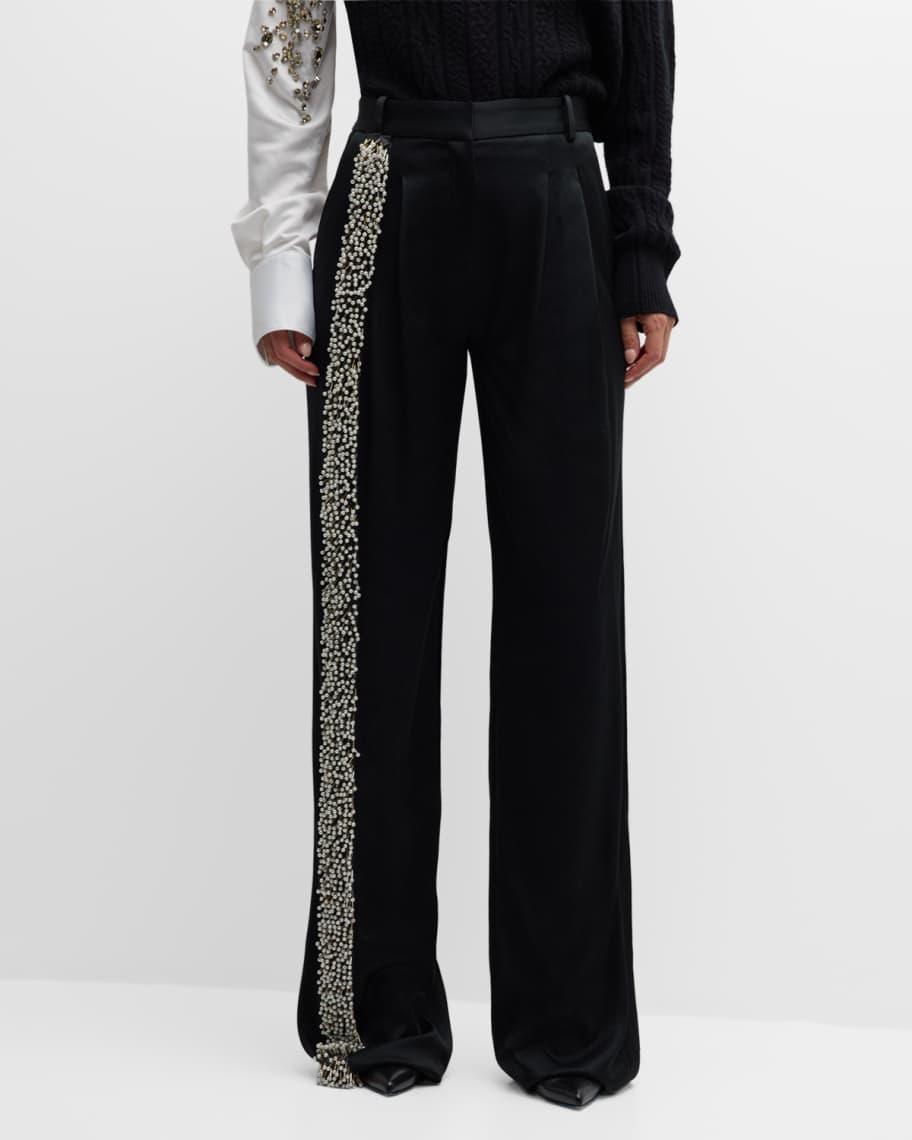 Stefan Embellished Double-Pleated Straight-Leg Satin Pants Product Image