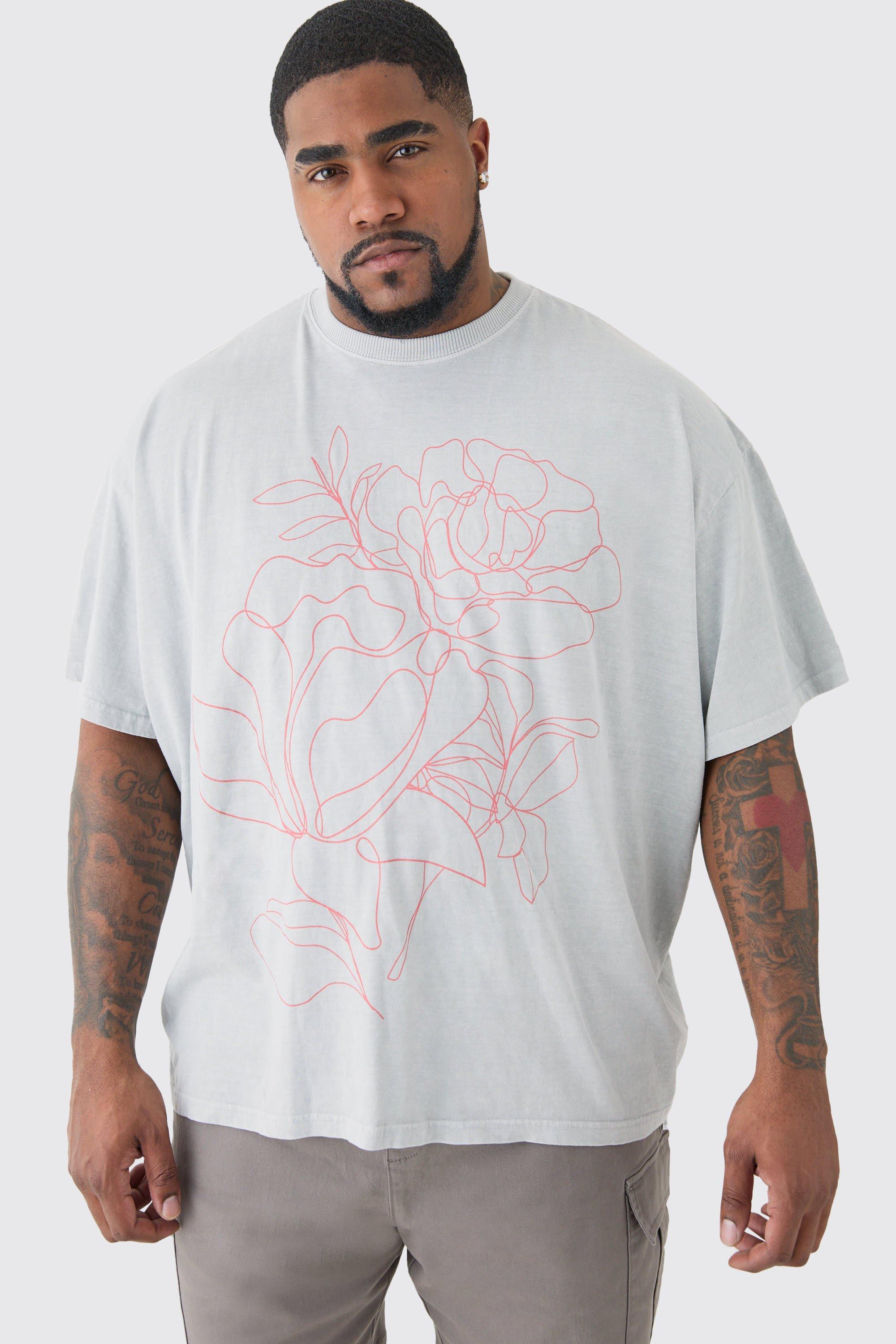 Plus Oversized Floral Stencil Print T-shirt In Grey | boohooMAN USA Product Image