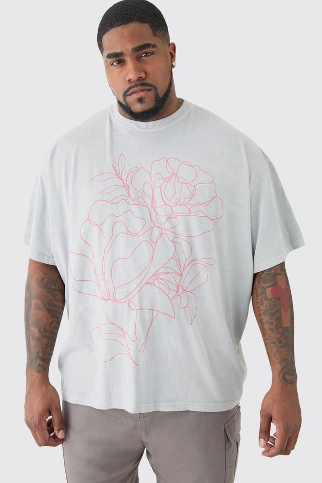 Plus Oversized Floral Stencil Print T-shirt In Grey | boohooMAN USA Product Image