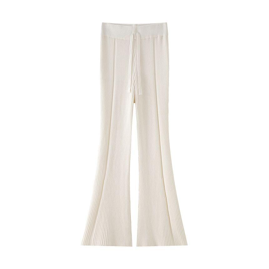 High Rise Plain Ribbed Flared Knit Pants Product Image