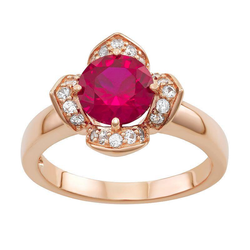 14k Rose Gold Over Sterling Silver Lab-Created Ruby & Lab-Created White Sapphire Flower Ring, Womens Pink Tone Product Image